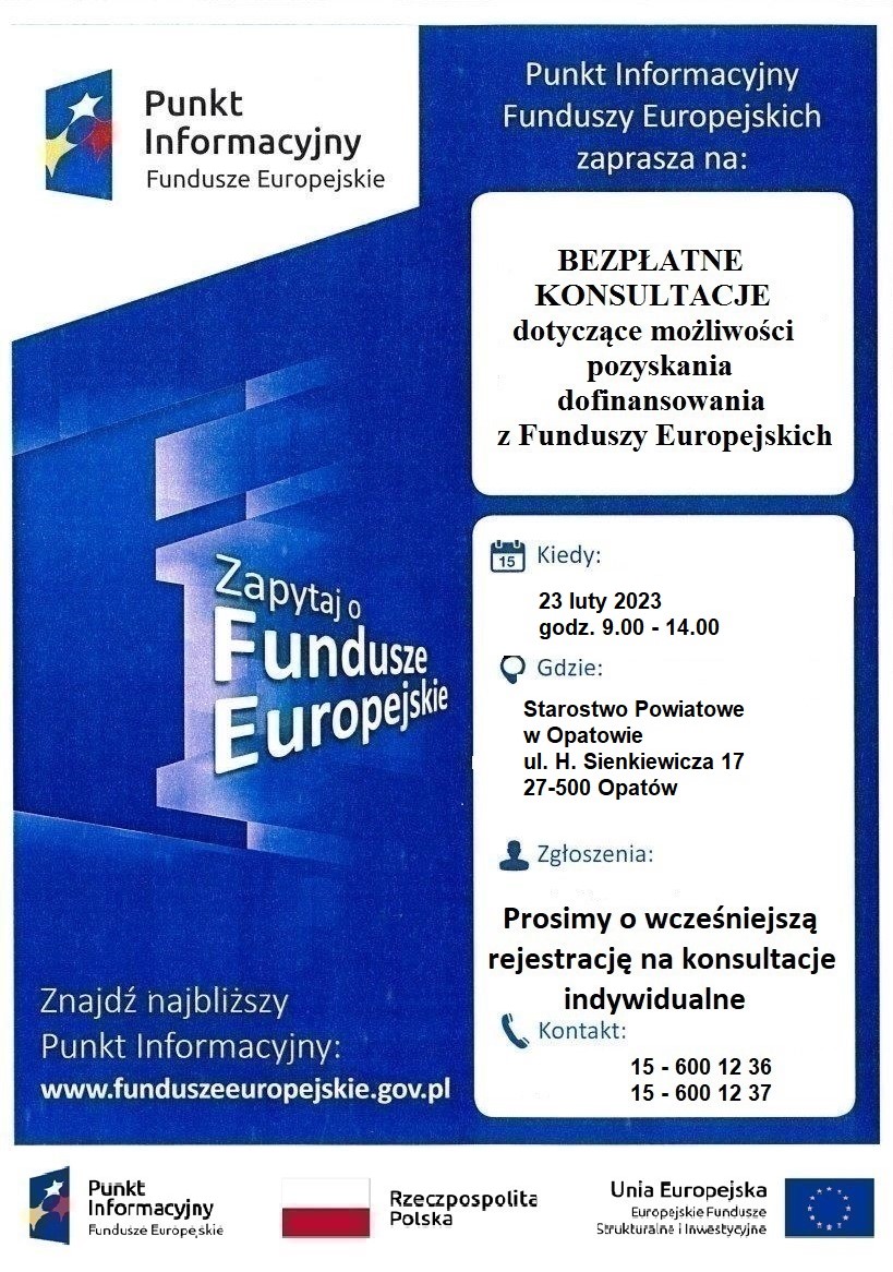 Plakat informacyjny o bezpłatnych konsultacjach dotyczący pozyskania dofinansowania z Funduszy Europejskich